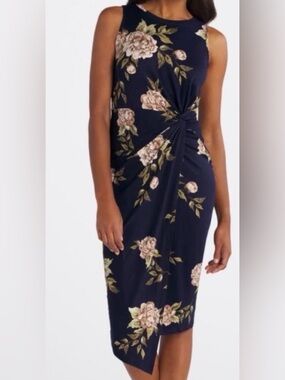 nine britton Navy Floral Midi Dress with Blush Roses